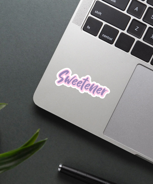 sweetener music sticker on laptop surface showing purple pink colors
