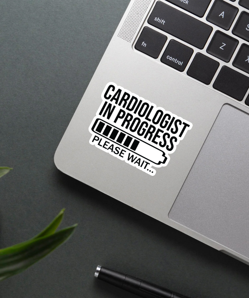 cardiologist in progress sticker on laptop surface showing loading bar and text