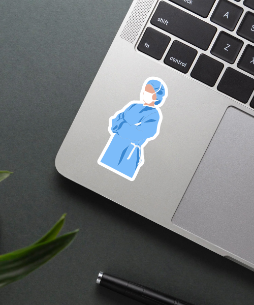 doctor sticker in blue surgical scrub and mask on laptop surface