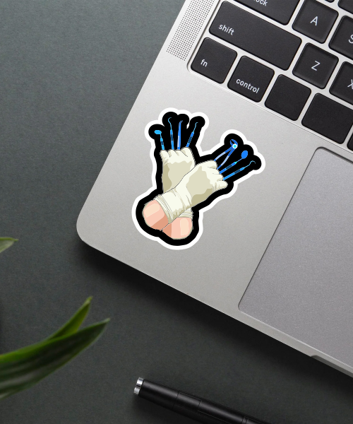 dentist tools sticker on laptop surface showing gloved hands and blue dental instruments