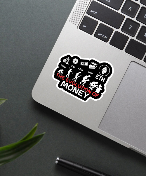 evolution of money sticker on laptop surface showing money icons and text
