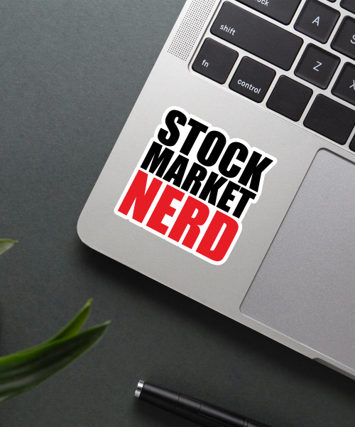 stock market nerd sticker on laptop surface showing bold black and red text