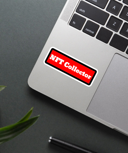 nft collector sticker on laptop surface showing bold red and white text