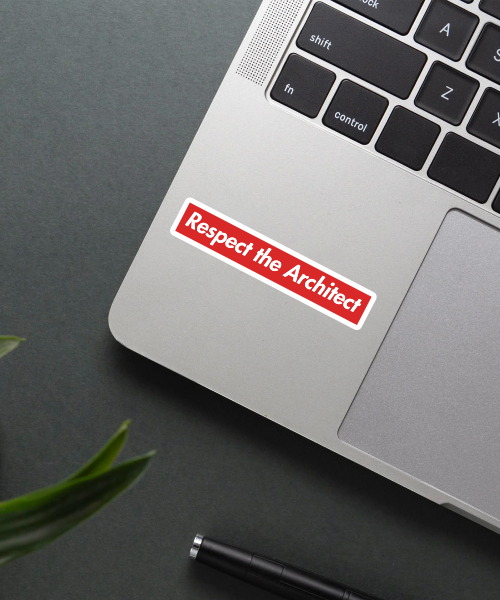 architect profession sticker on laptop surface showing bold red and white text