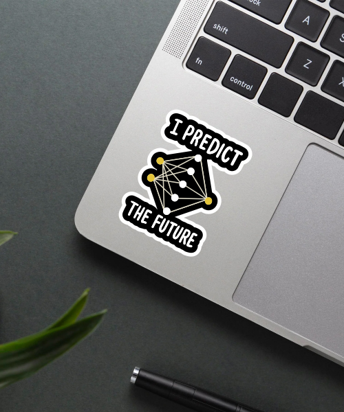 data science sticker on laptop surface showing neural network and text