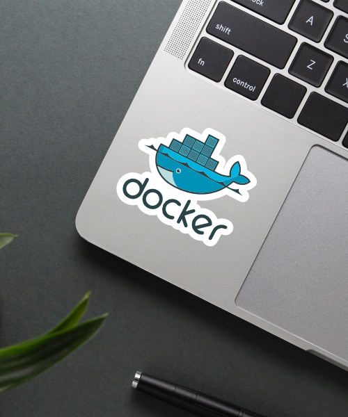 Mockup showing the Docker sticker on a laptop.