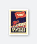 rust programming sticker featuring a crab holding a flag