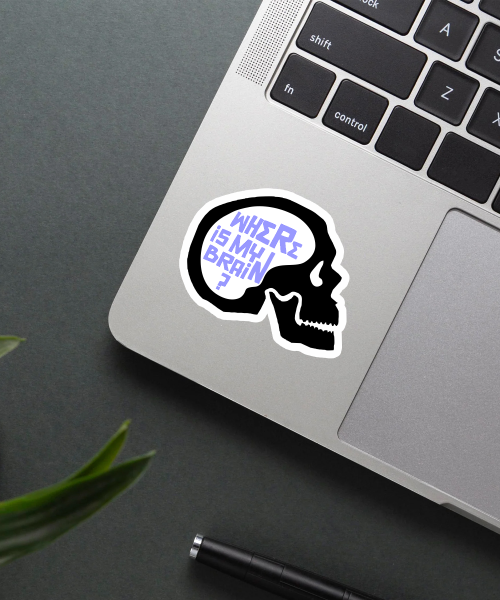 where is my brain sticker on laptop surface showing black skull and purple text
