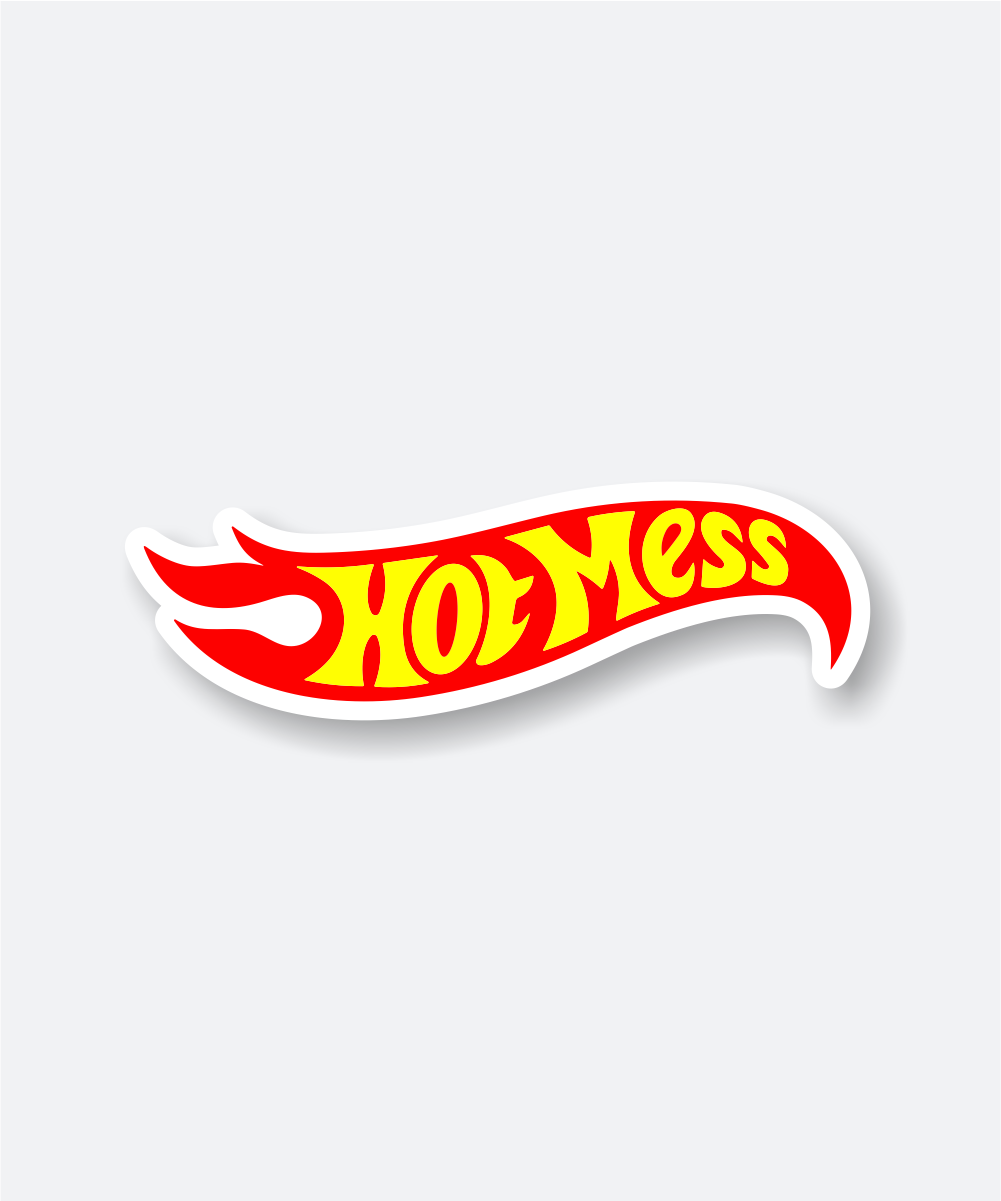 Hot Mess Sticker with Retro Flame Style and Bold Yellow Red Text 1 hot mess sticker