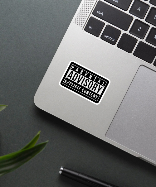 parental advisory sticker on laptop surface showing classic music style