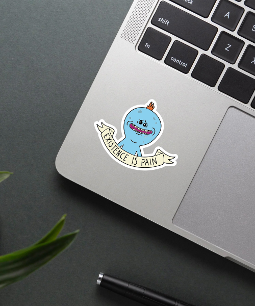 Existence Is Pain Sticker on laptop showing blue cartoon character and banner design