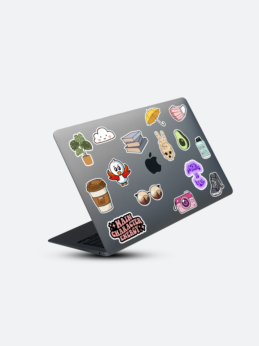 Aesthetic Sticker Pack with Trendy Cute Quotes and Fun Icons 2 aesthetic sticker pack vinyl stickers applied on laptop surface showing colorful and cute designs