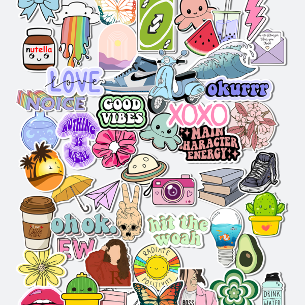 aesthetic sticker pack vinyl stickers applied on laptop surface showing colorful and cute designs
