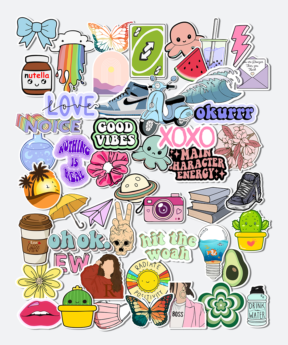 aesthetic sticker pack vinyl stickers applied on laptop surface showing colorful and cute designs