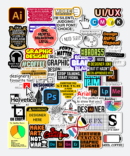 designer sticker pack vinyl stickers applied on laptop surface showing graphic design logos and quotes