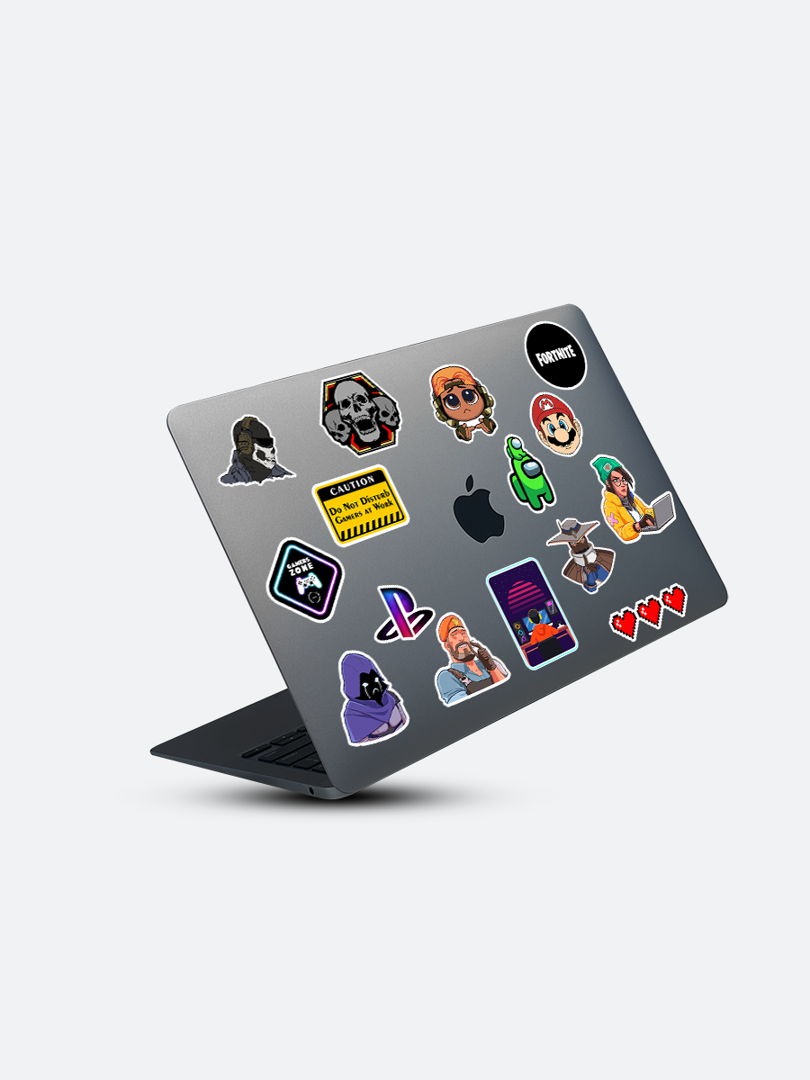 Gamer Sticker Pack with Popular Game Characters and Funny Quotes 2 gamer sticker pack vinyl stickers applied on laptop surface showing game logos and characters