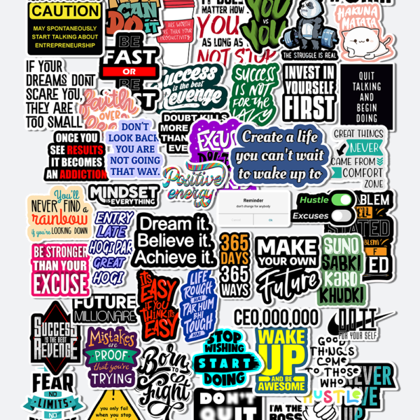 motivational sticker pack vinyl stickers applied on laptop surface showing inspiring quotes and positive messages