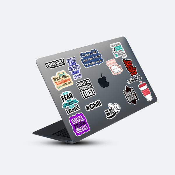 motivational sticker pack vinyl stickers applied on laptop surface showing inspiring quotes and positive messages