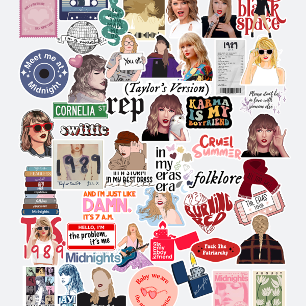 taylor swift sticker pack on laptop surface showing colorful stickers