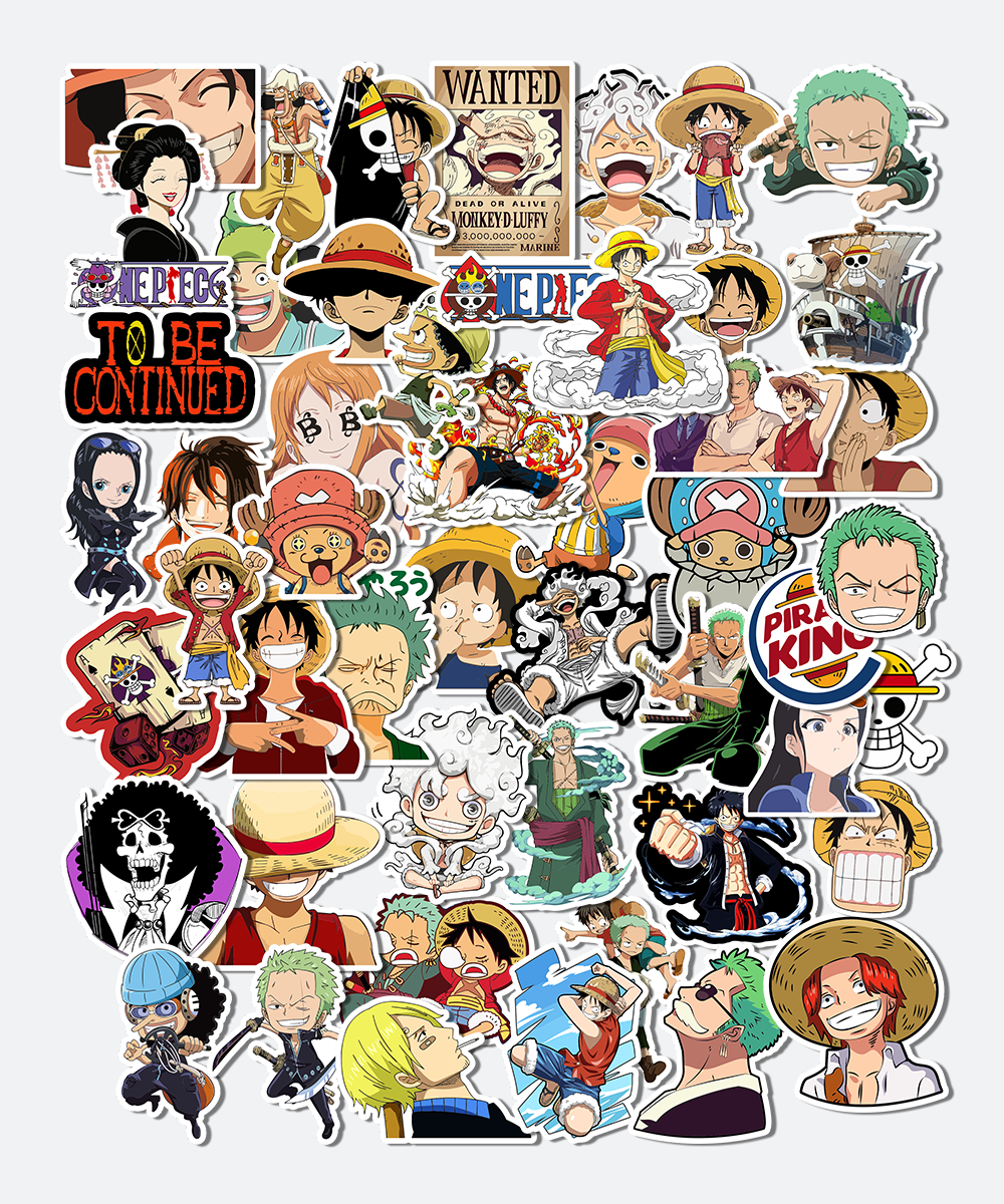 one piece sticker pack on laptop surface showing pirate character stickers