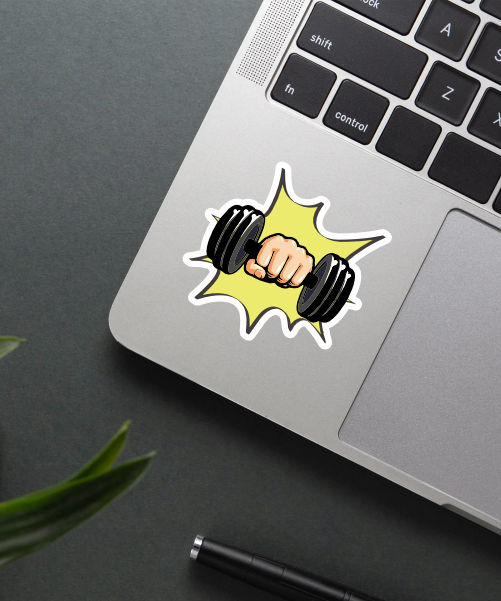 Mockup showing the epic dumbbell sticker applied on a water bottle.