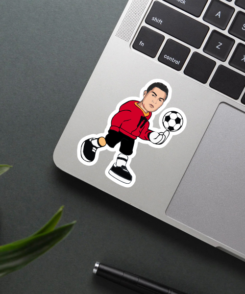 Mockup showing the Ronaldo sticker applied on a laptop.