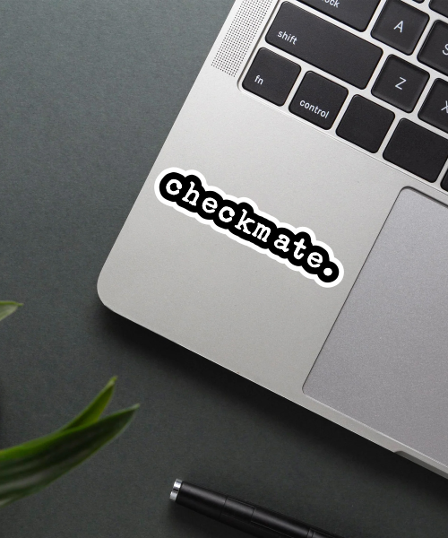 Mockup showing Checkmate Sticker on a laptop.