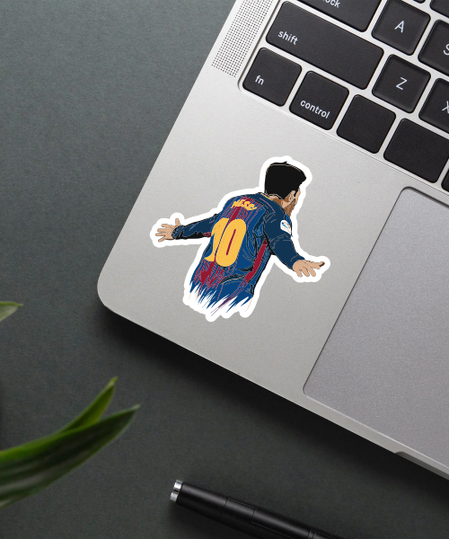 Mockup of Messi FCB sticker on a laptop.