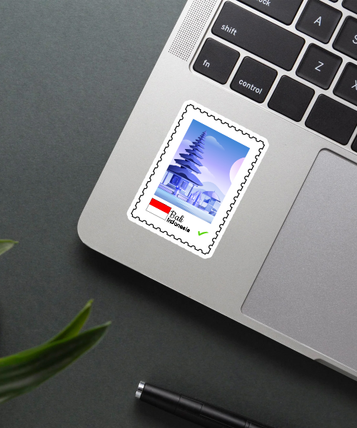 mockup of travel sticker Bali Indonesia stamp design on laptop