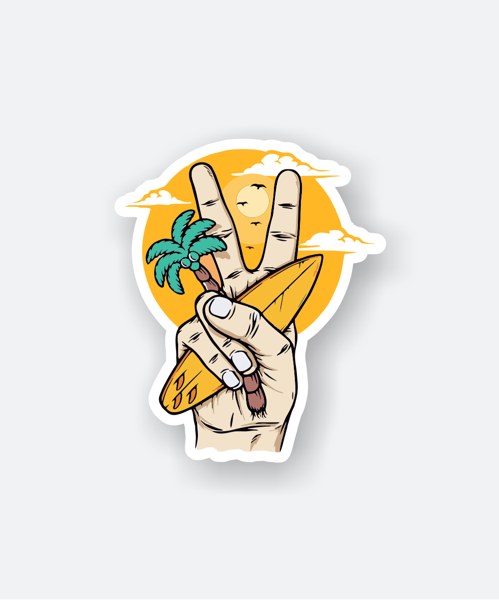 Peaceful Surfer Travel Sticker with Hand Peace Sign and Surfboard 1 peaceful surfer travel sticker