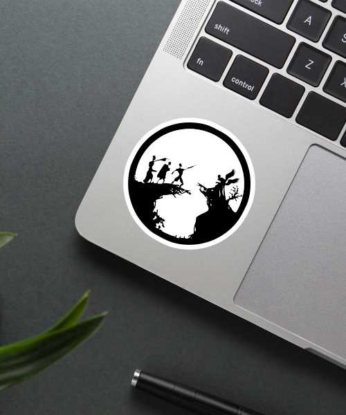harry potter three brothers sticker on laptop surface showing black white silhouette