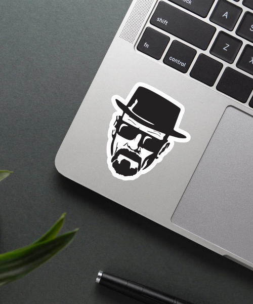 heisenberg breaking bad sticker on laptop surface showing bold black and white design