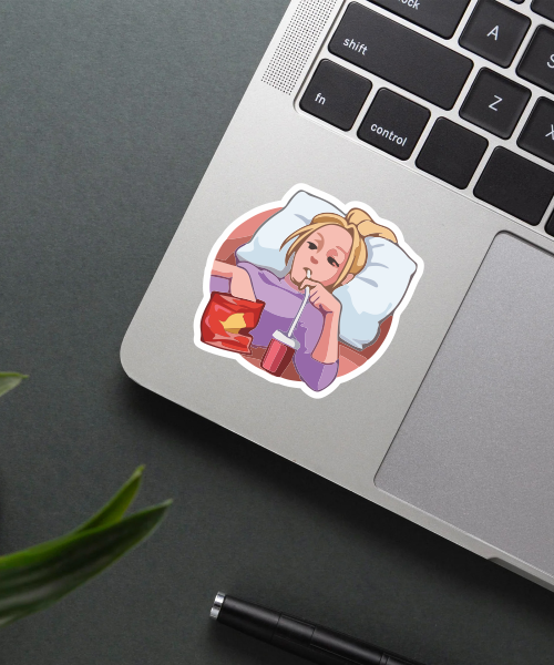 phoebe buffay sticker on laptop surface showing relaxing scene with chips and drink