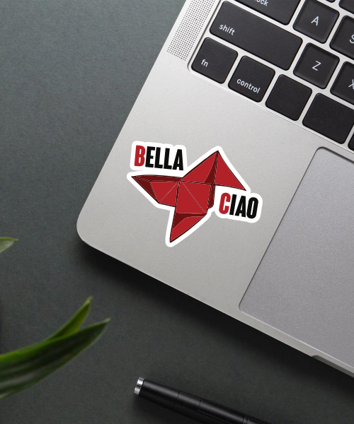 bella ciao sticker on water bottle showing red origami bird and bold text