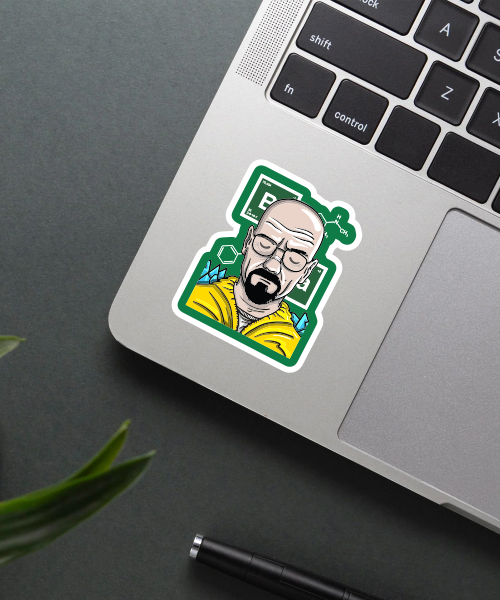 breaking bad sticker on laptop showing yellow green chemistry design