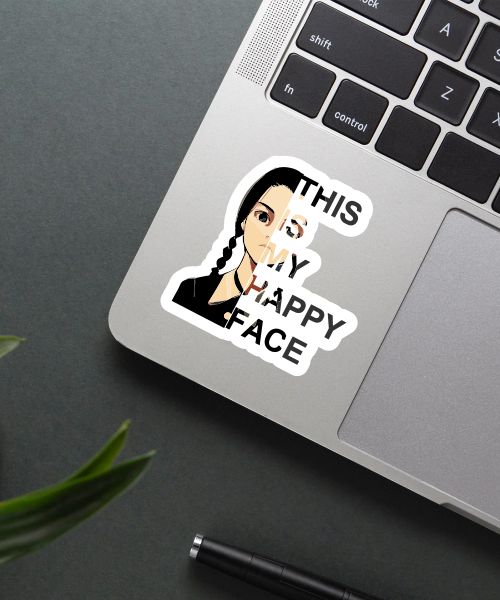 this is my happy face sticker on water bottle showing half portrait and text