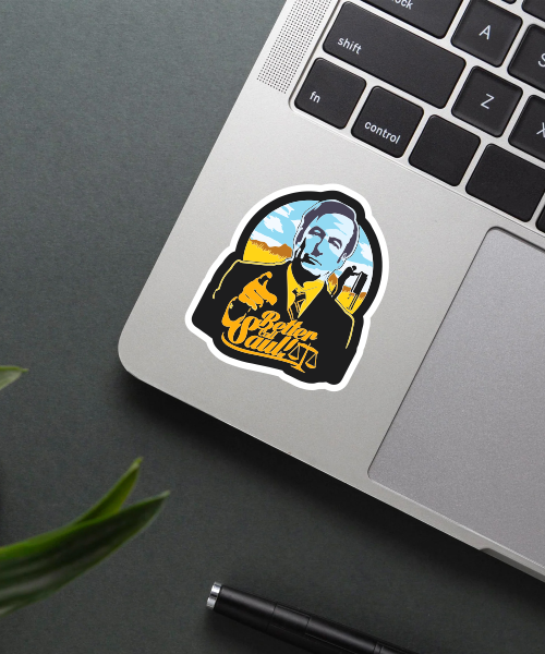 better call saul sticker on water bottle showing character pointing and logo