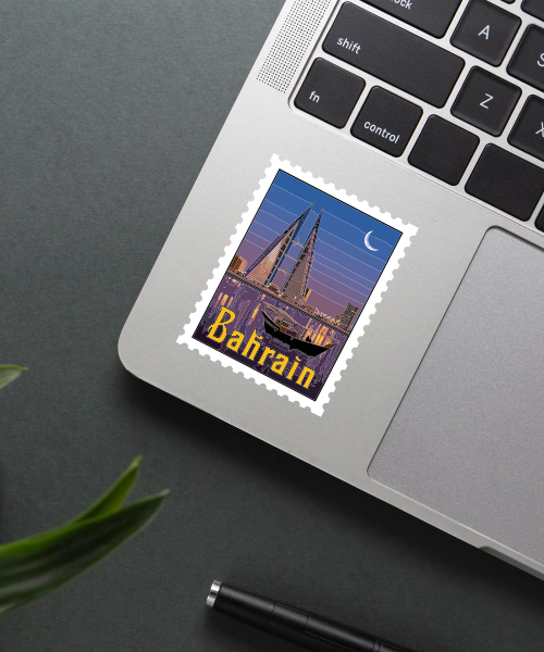 Mockup of travel sticker Bahrain featuring Manama night skyline on laptop with purple and yellow colors