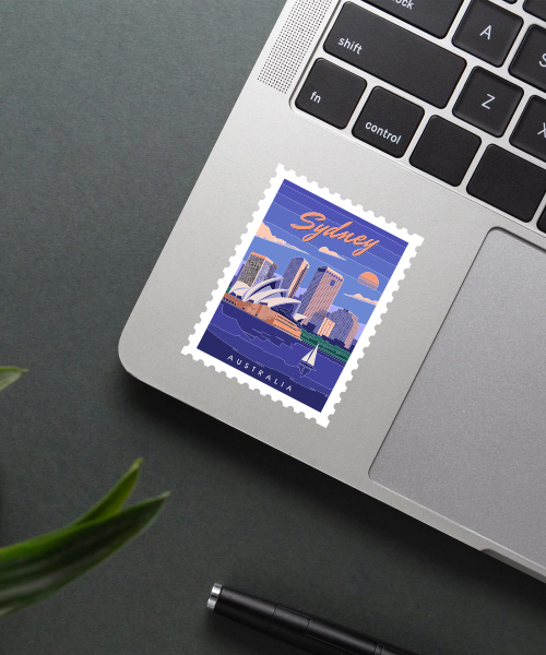 Mockup of travel sticker Sydney Australia featuring Opera House on laptop with blue water and sunset sky