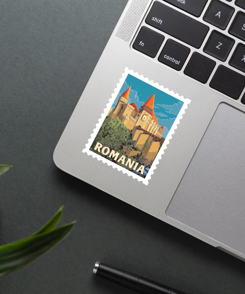 Mockup of travel sticker Romania showing castle fortress design on laptop surface
