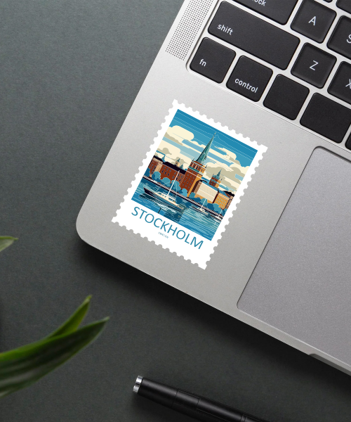Mockup of travel sticker Stockholm Sweden showing waterfront cityscape design on laptop surface
