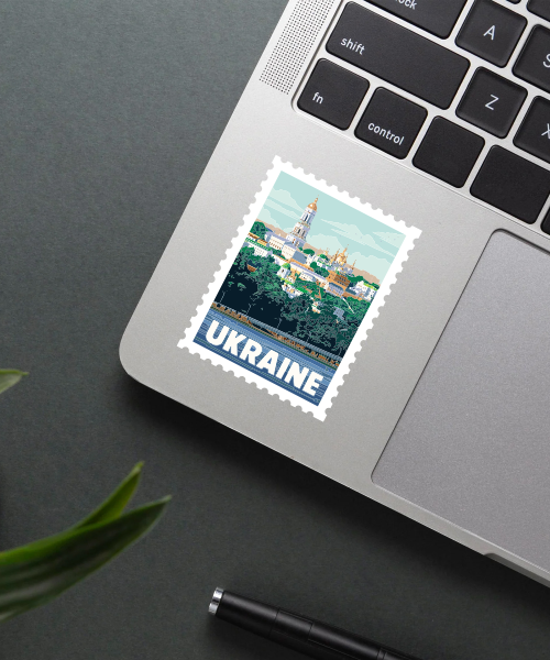 ukraine travel sticker on water bottle showing Kyiv skyline with golden domes