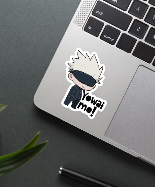yowai mo gojo sticker on laptop surface showing chibi style and bold phrase