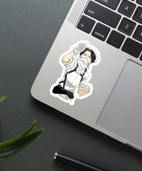 levi ackerman anime sticker on laptop surface showing cleaning pose
