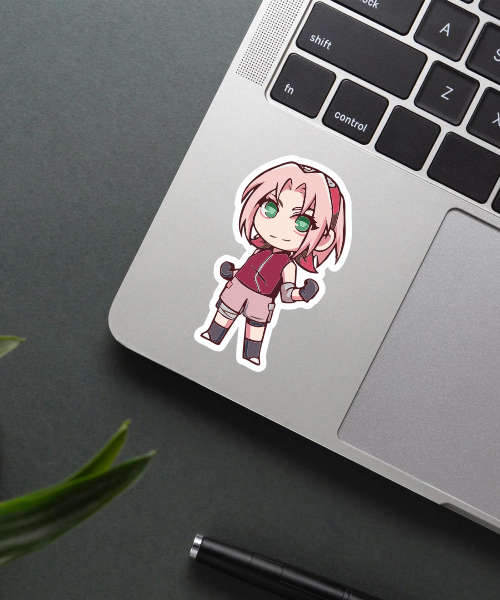 chibi sakura haruno anime sticker on laptop surface showing cute fighting pose