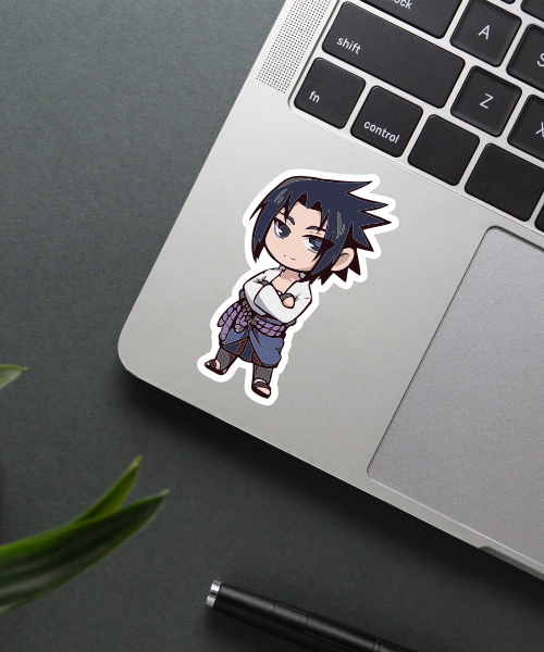 naruto sasuke sticker on laptop showing chibi character with blue outfit and confident pose