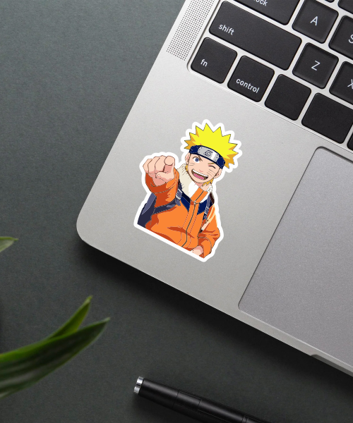 naruto shippuden sticker on phone case showing young naruto in orange jacket pointing