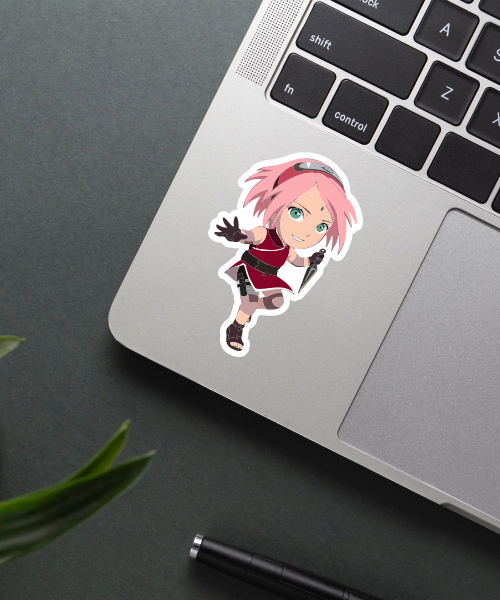 sakura haruno kawaii sticker on water bottle showing chibi pink haired anime girl