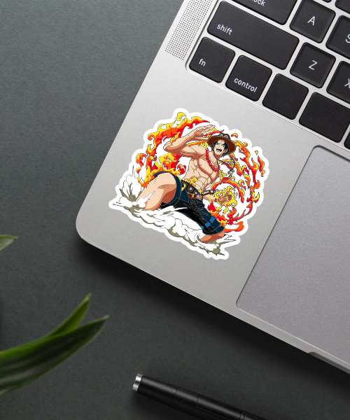 one piece ace sticker on laptop showing fiery ace with luffy hat and flames