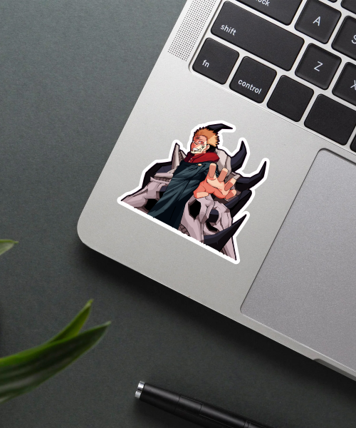 Sukuna Jujutsu Kaisen vinyl sticker on laptop surface showing fierce anime character